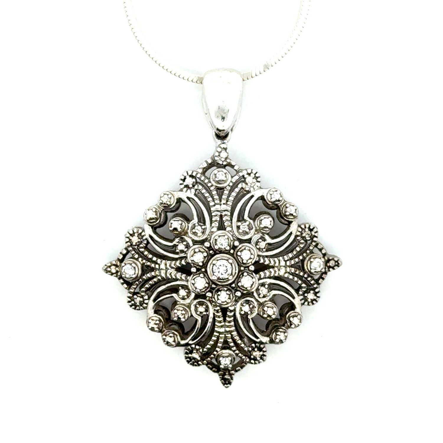 Vtg. 925 Sterling Silver Diamond Filigree Pendant Necklace Signed “JTW”, 17.9g