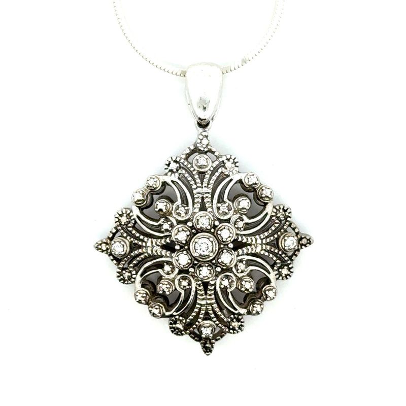 Vtg. 925 Sterling Silver Diamond Filigree Pendant Necklace Signed “JTW”, 17.9g