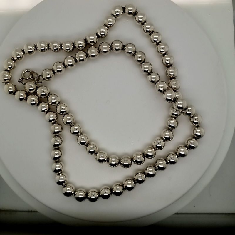 Vintage 925 Sterling Silver 8mm Beaded Necklace on Fine Silver Chain - 24 Inch