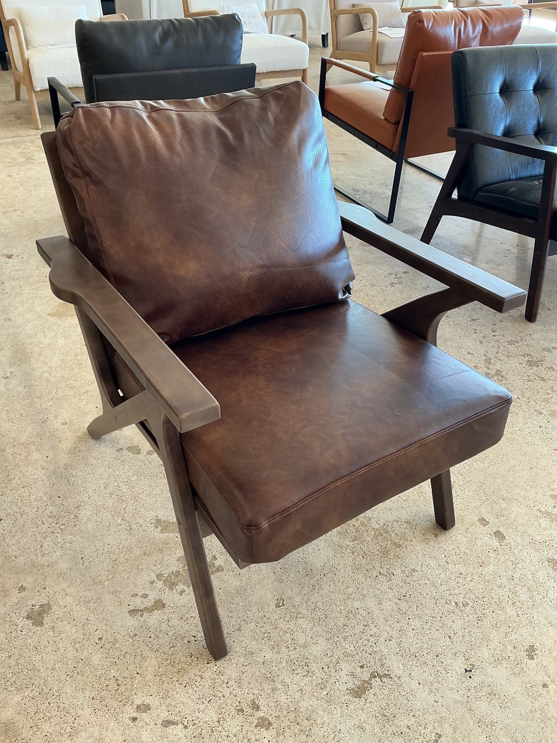 Textured Leather Brown Chair with Wooden Frame