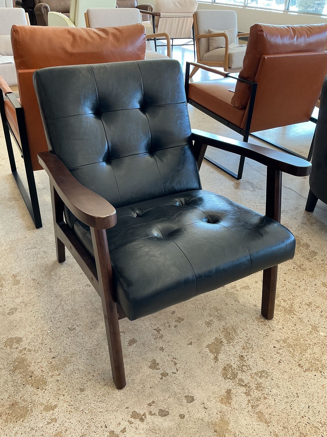 Black Faux Chair with Brown Wooden Frame