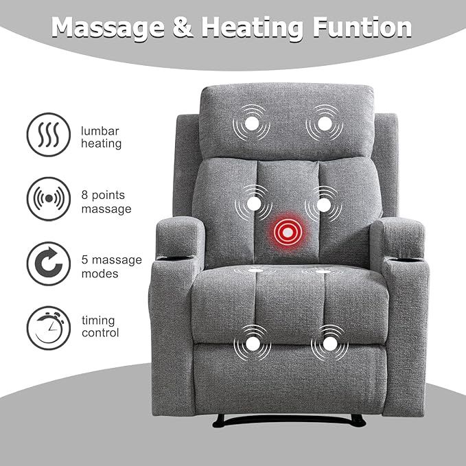 Gray Manual Recliner with Heat&amp;Massage, Dual Cup Holders