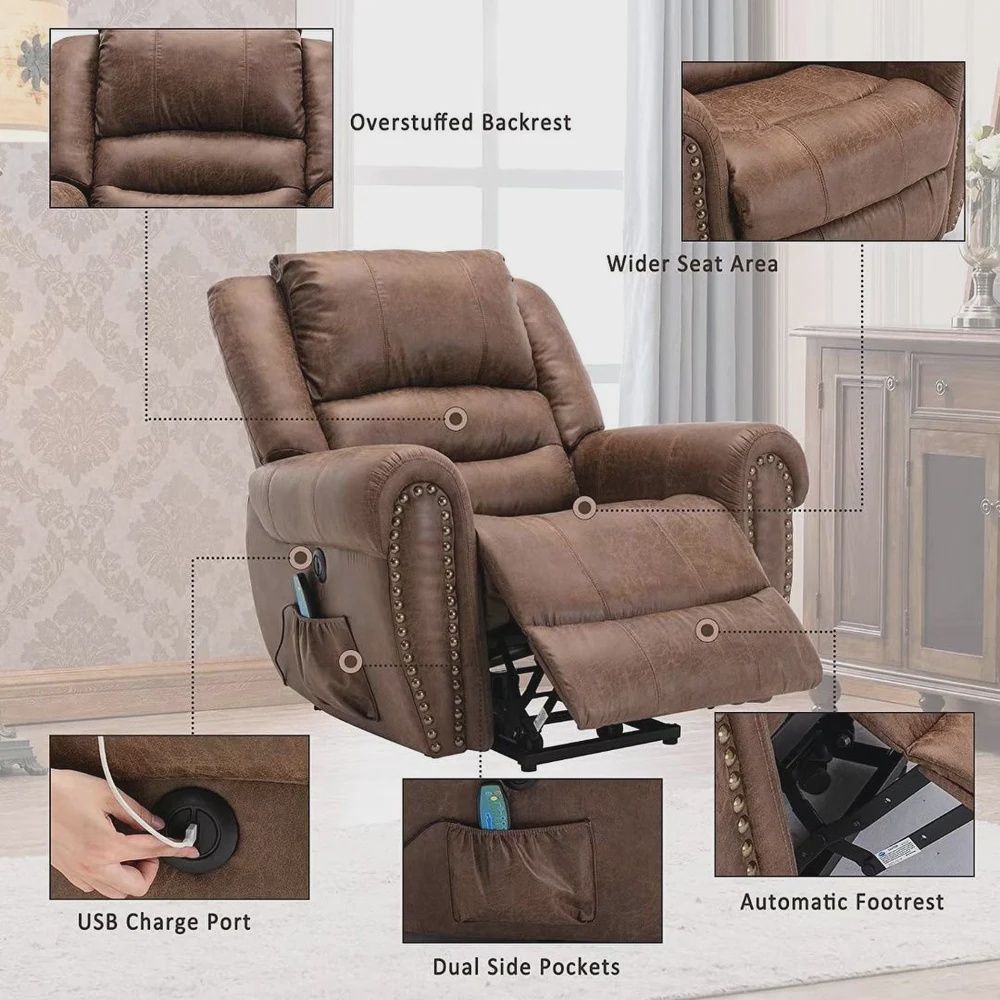 Brown Rivet Power Lift Recliner with Massage, Heat