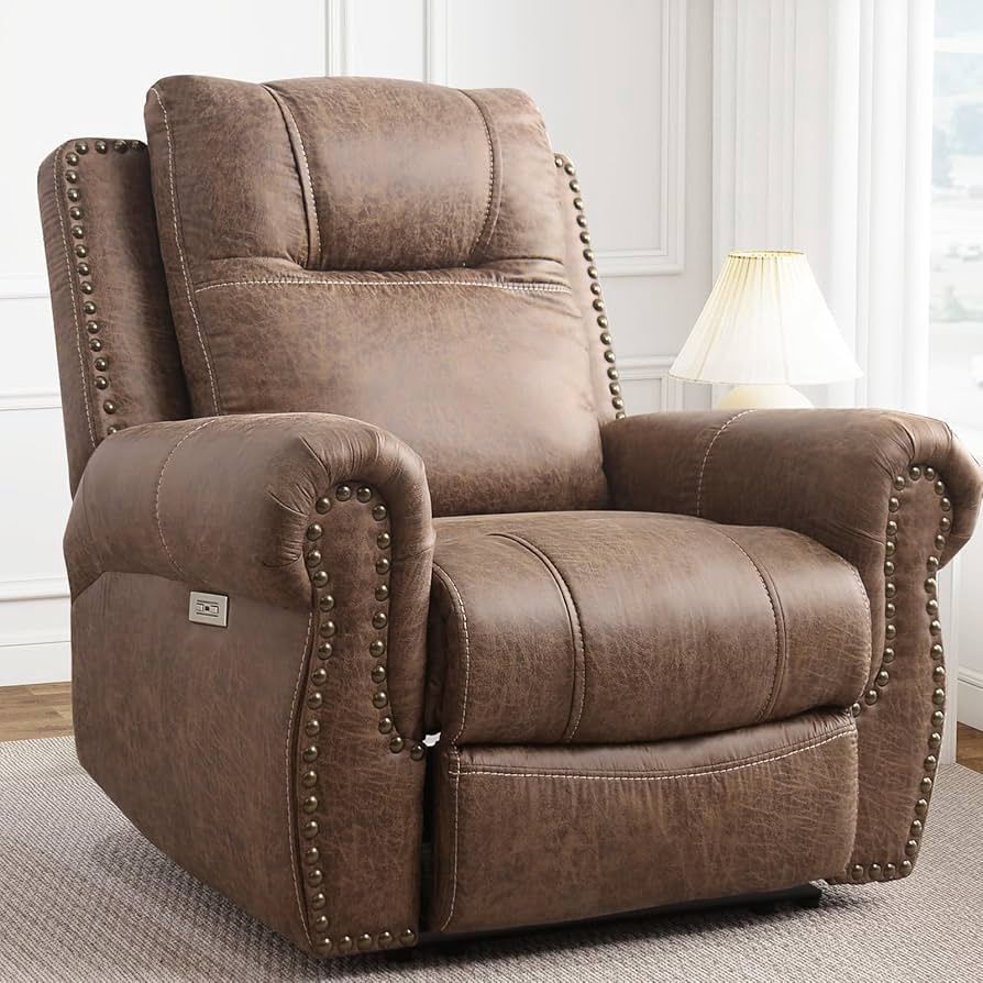 Light Brown Studded Power Recliner w/Ports