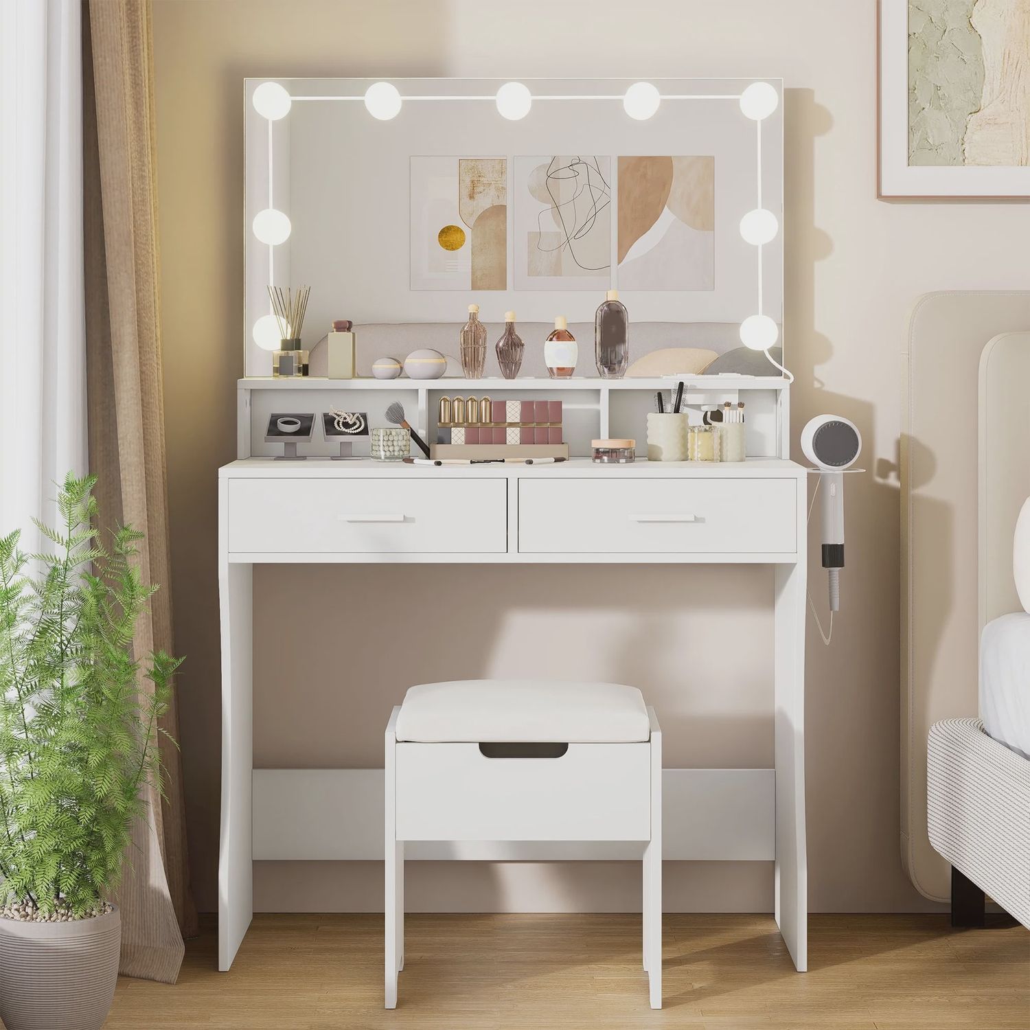 White Vanity w/Stool, Lights, USB
