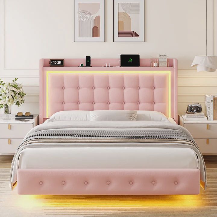 Homfa Floating Bed w/LED, FULL- PINK