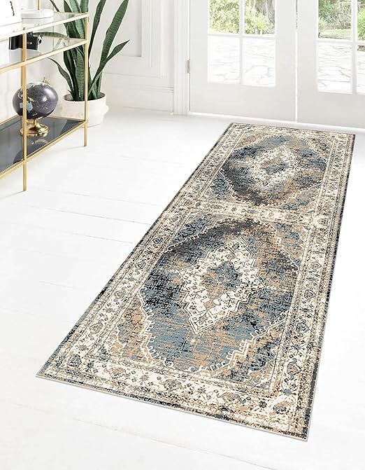 Inez Washable runner rug 2x7 (Cream, Blue)