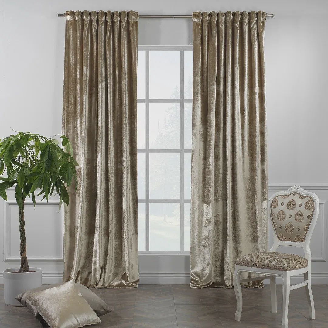 Beige Shiny Velvet Curtain Single Panel, 52Wx84L