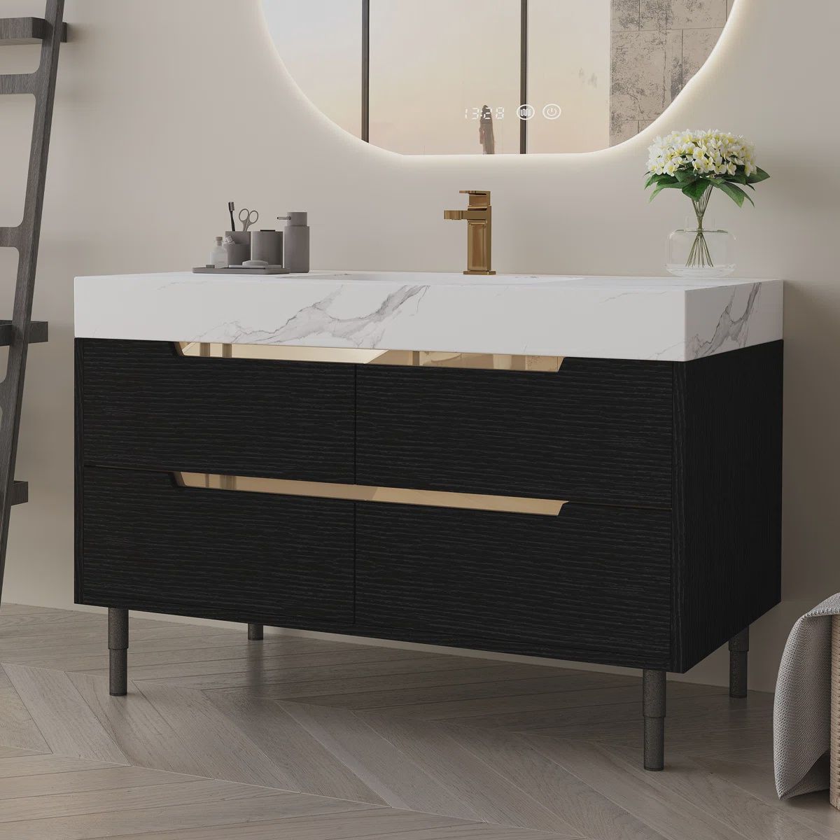 Solid Wood Bathroom Vanity, BLACK &amp; STONE