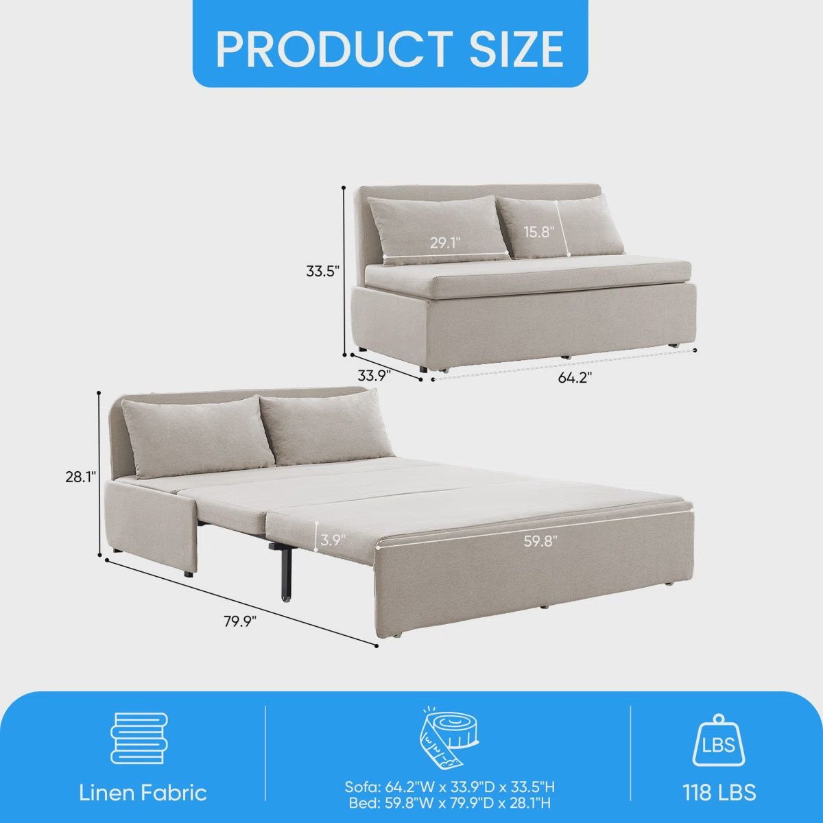 Convertible Sleeper Sofa, Queen