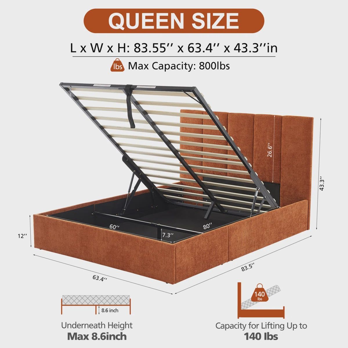 Hydraulic Lift-Up Upholstered Storage Bed, QUEEN