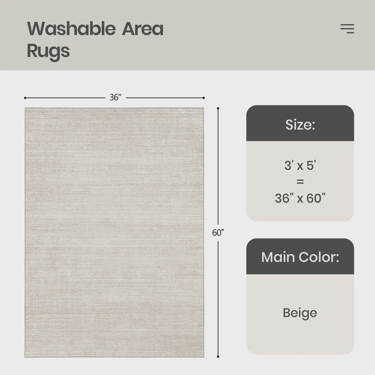 Striped Washable Beige Rug, 3x5