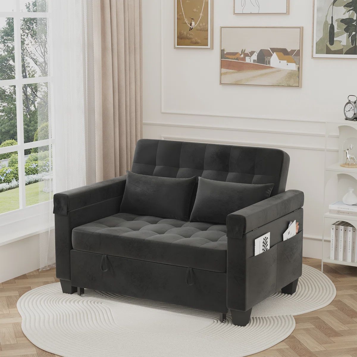 Convertible Sofa Bed, Black w/Tray