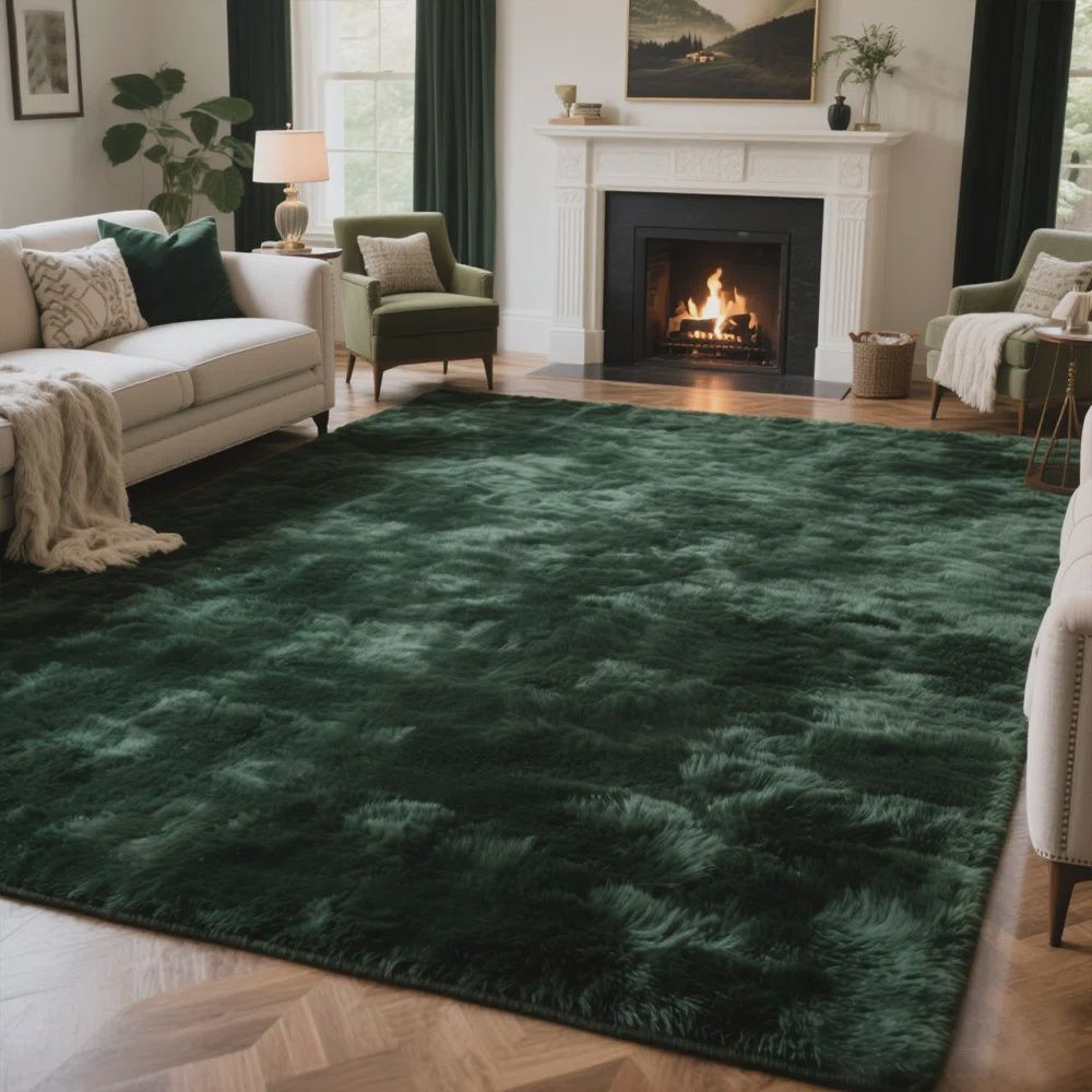 Fluffy Dark Green Rug, 5x8
