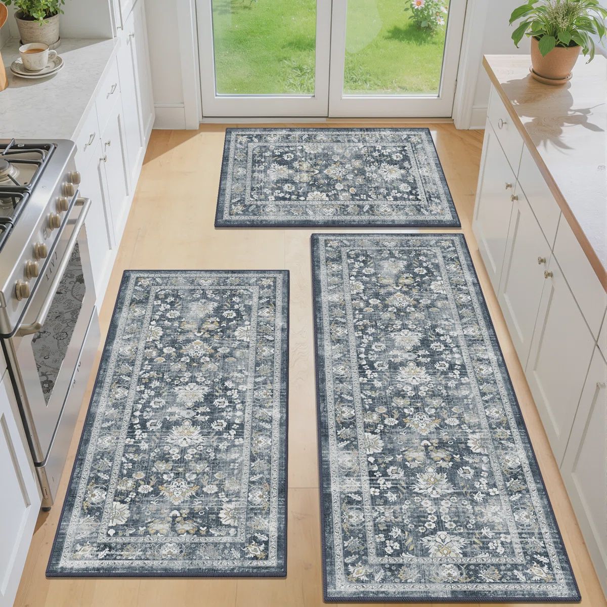 Grey/Black Kitchen Rug (Set of 3)