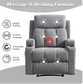Gray Recliner with heat and massage and cup holders