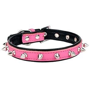Dark Pink Spiked Studded Leather Collar (11.5-15' Neck)