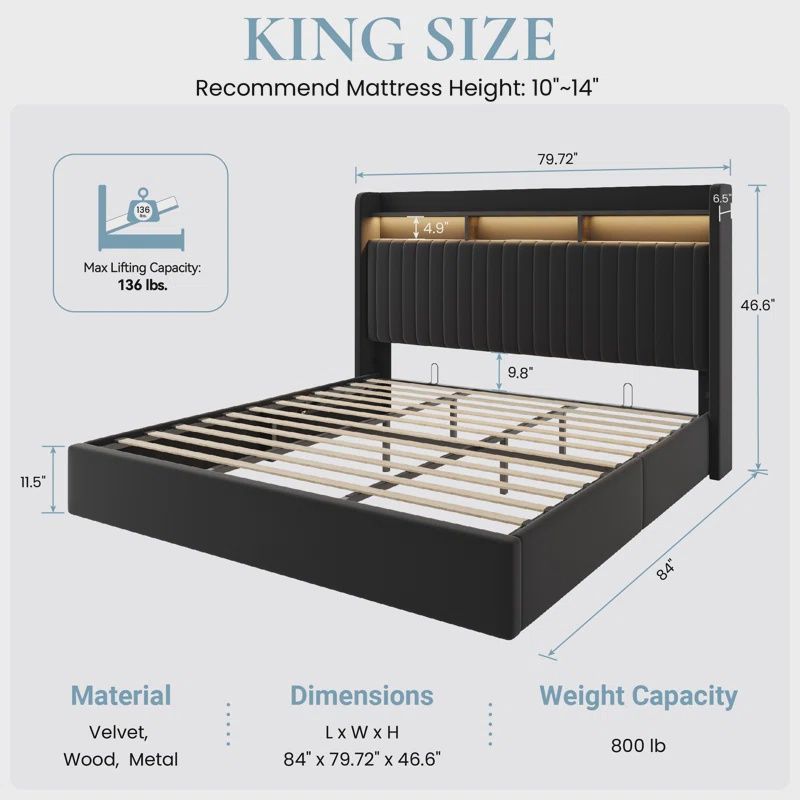 Black Upholstered Lift Up Storage Platform Bed