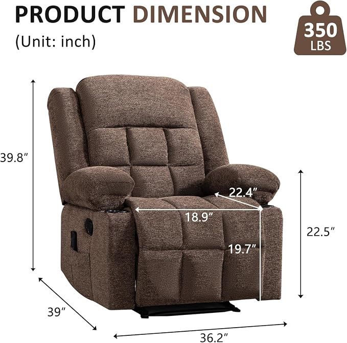 Brown Manual Recliner with Heat and Massage, Storage Pockets and cup holders