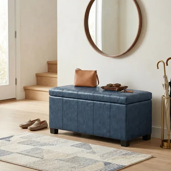 Simpli Home Avalon Modern Denim Blue Faux leather Storage Ottoman