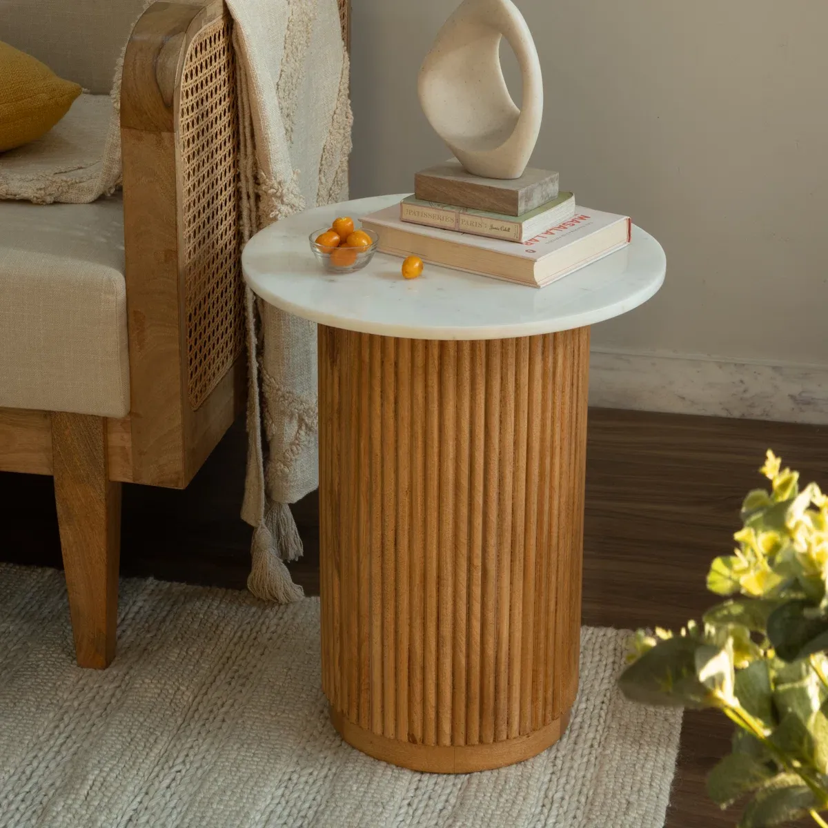 Elena Marble Top Accent Side Table with Solid Wood Fluted Base