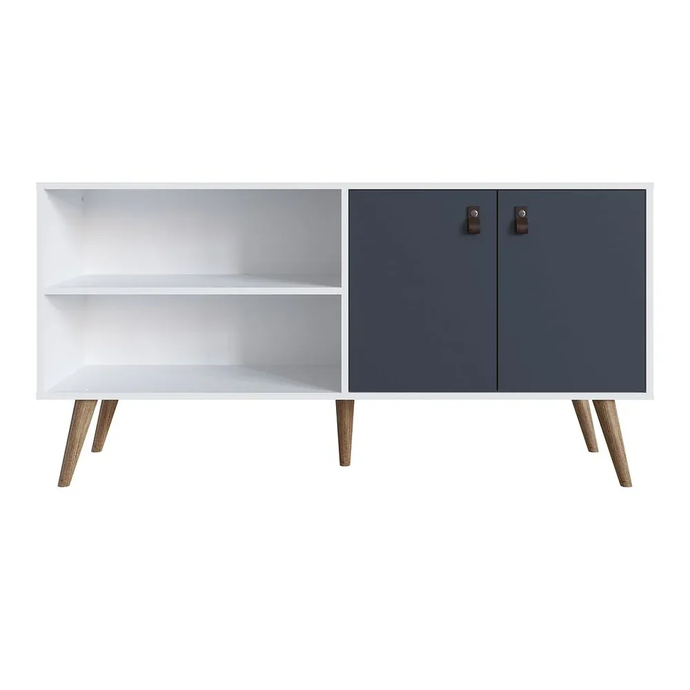 Amber 53.7" Mid-Century Modern TV Stand with Faux Leather Handles for Organized Living Room Style - White and Blue