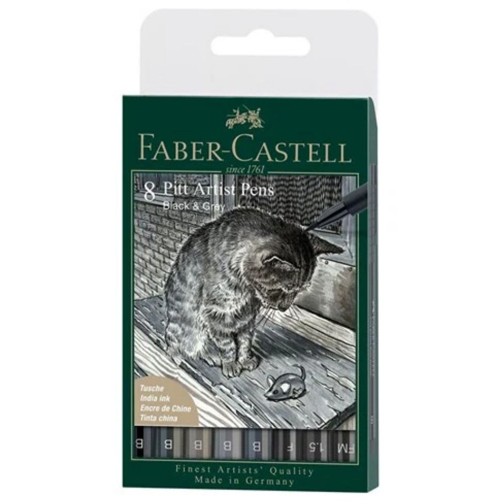 Faber Castell Pitt Artists Pen Set of 8 Black &amp; Grey Assorted