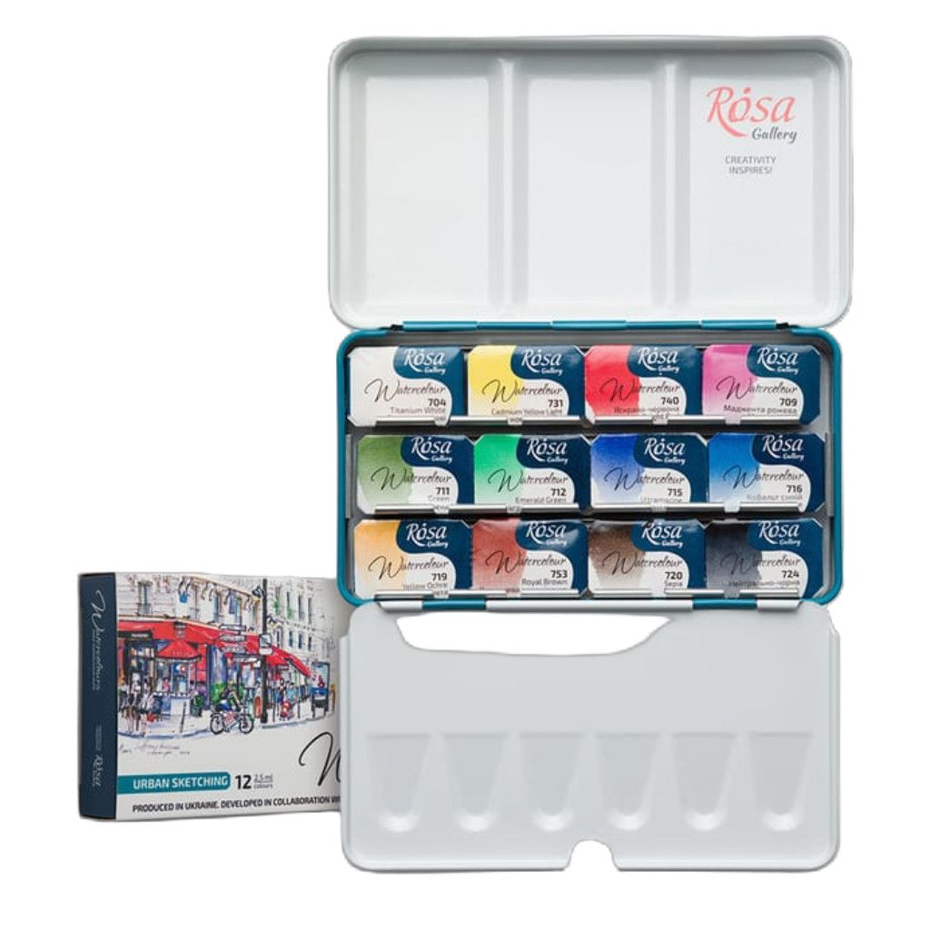 Rosa Watercolour Set Urban Sketching 12 Colour Pan Set Metal Tin