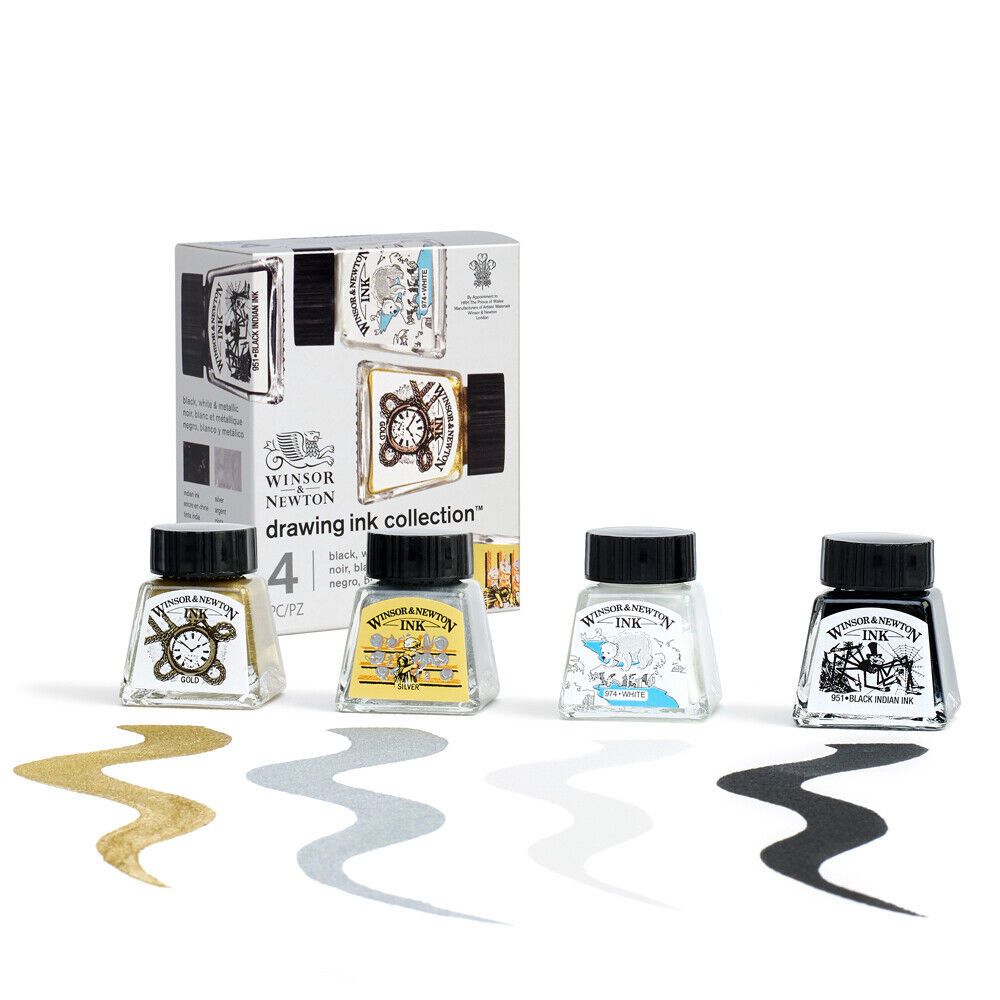 Winsor &amp; Newton Drawing Ink Collection Black, White, Metallic Tones