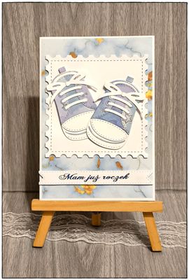 Kartka na roczek &quot;Mały odkrywca w bucikach”