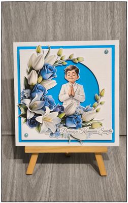Kartka komunijna "Chłopiec w liliach i różach"