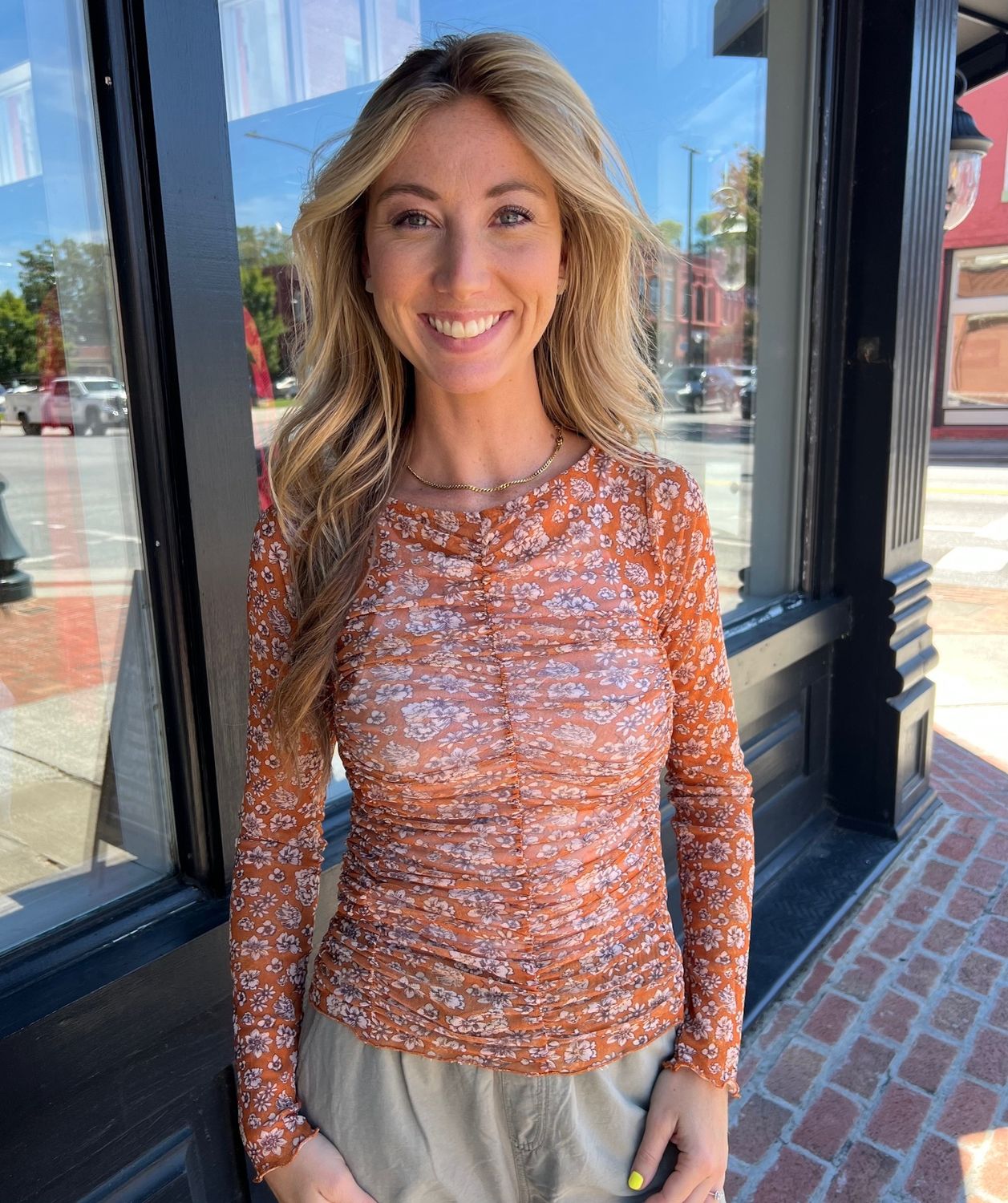 LETTUCE HEM MESH PRINT FLORAL TOP L/S