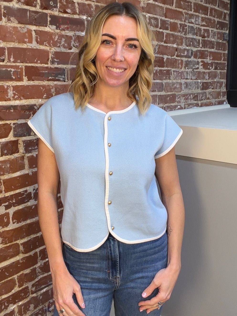 THE HEIRLOOM WIDE SHOULDER BUTTON DOWN KNIT TOP