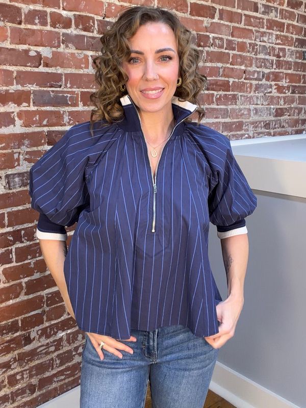 MIDNIGHT PINSTRIPE PUFF SLEEVE BLOUSE