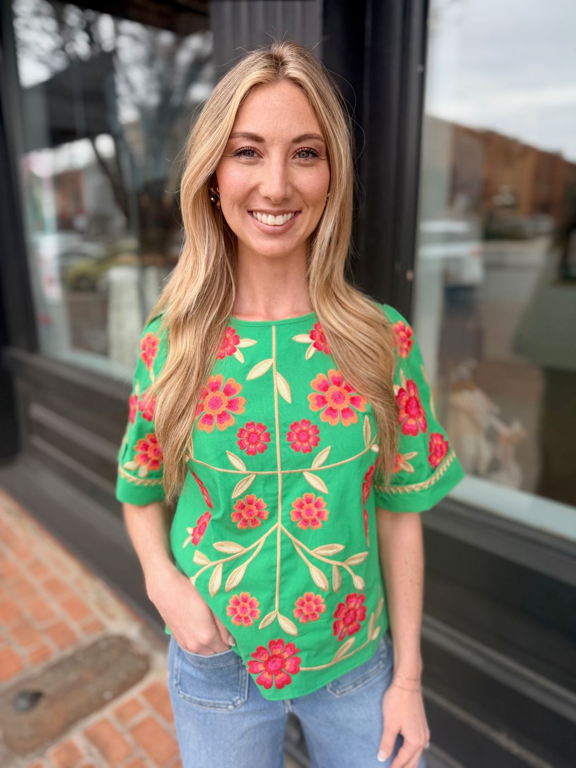 EMERALD BLOOM EMBROIDERY BLOUSE S/S