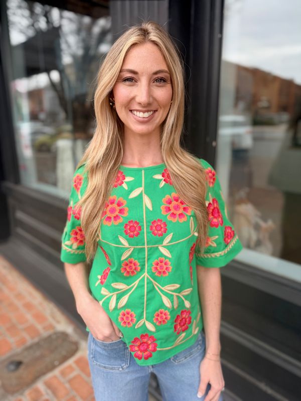 EMERALD BLOOM EMBROIDERY BLOUSE S/S