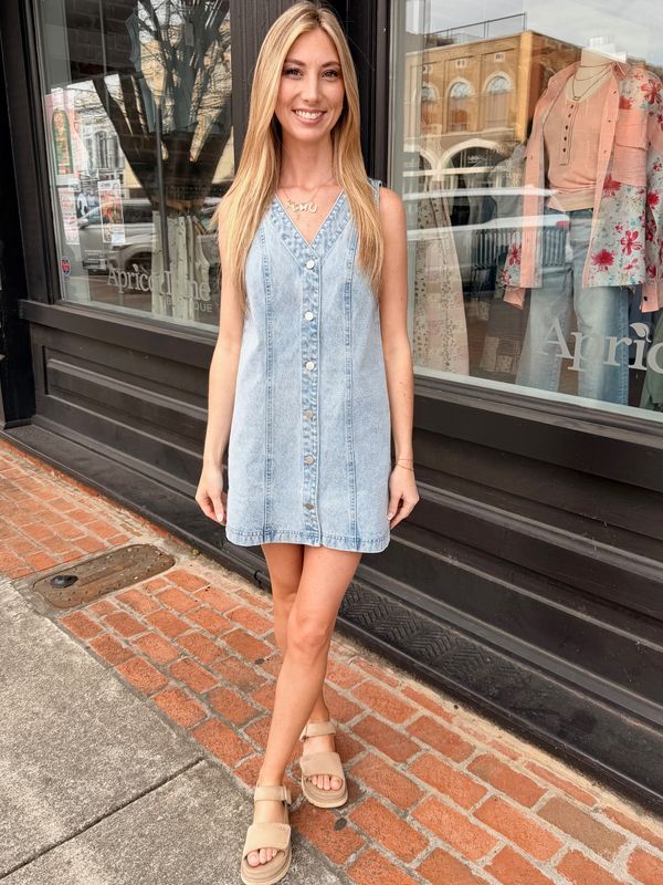 WASHED DENIM BUTTON-FRONT MINI DRESS