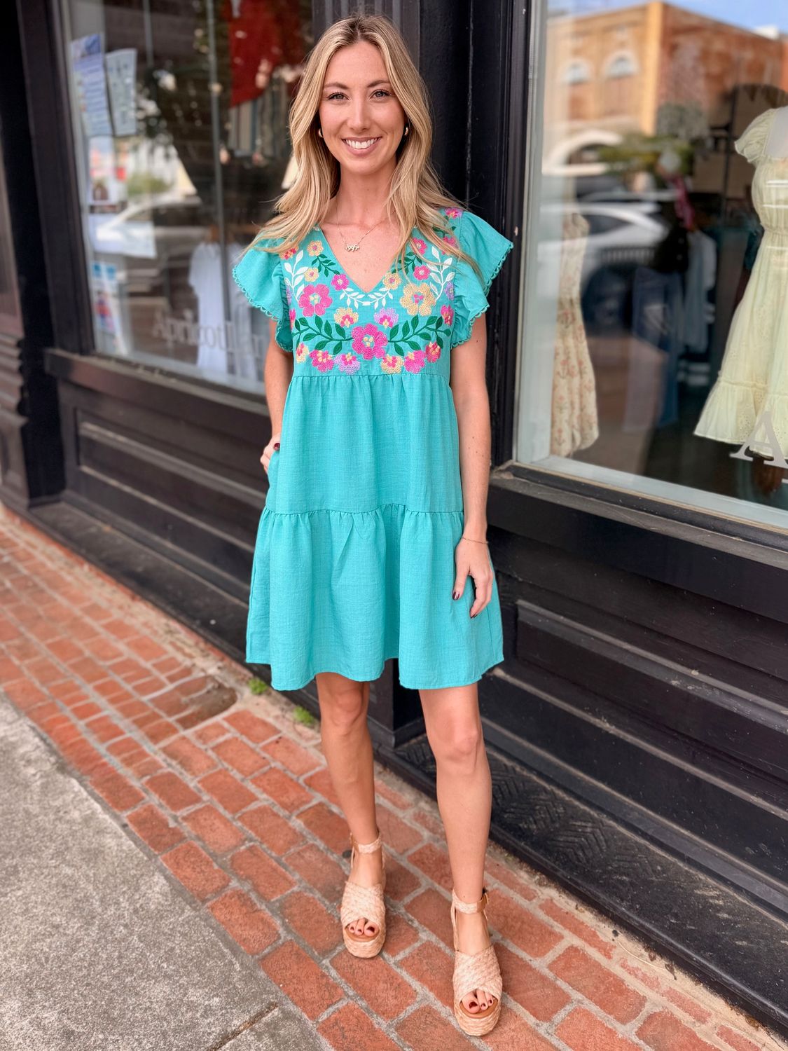 TURQUOISE BLOOM BABYDOLL MINI DRESS