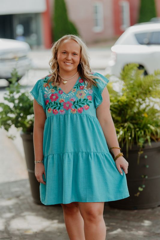 TURQUOISE BLOOM BABYDOLL MINI DRESS