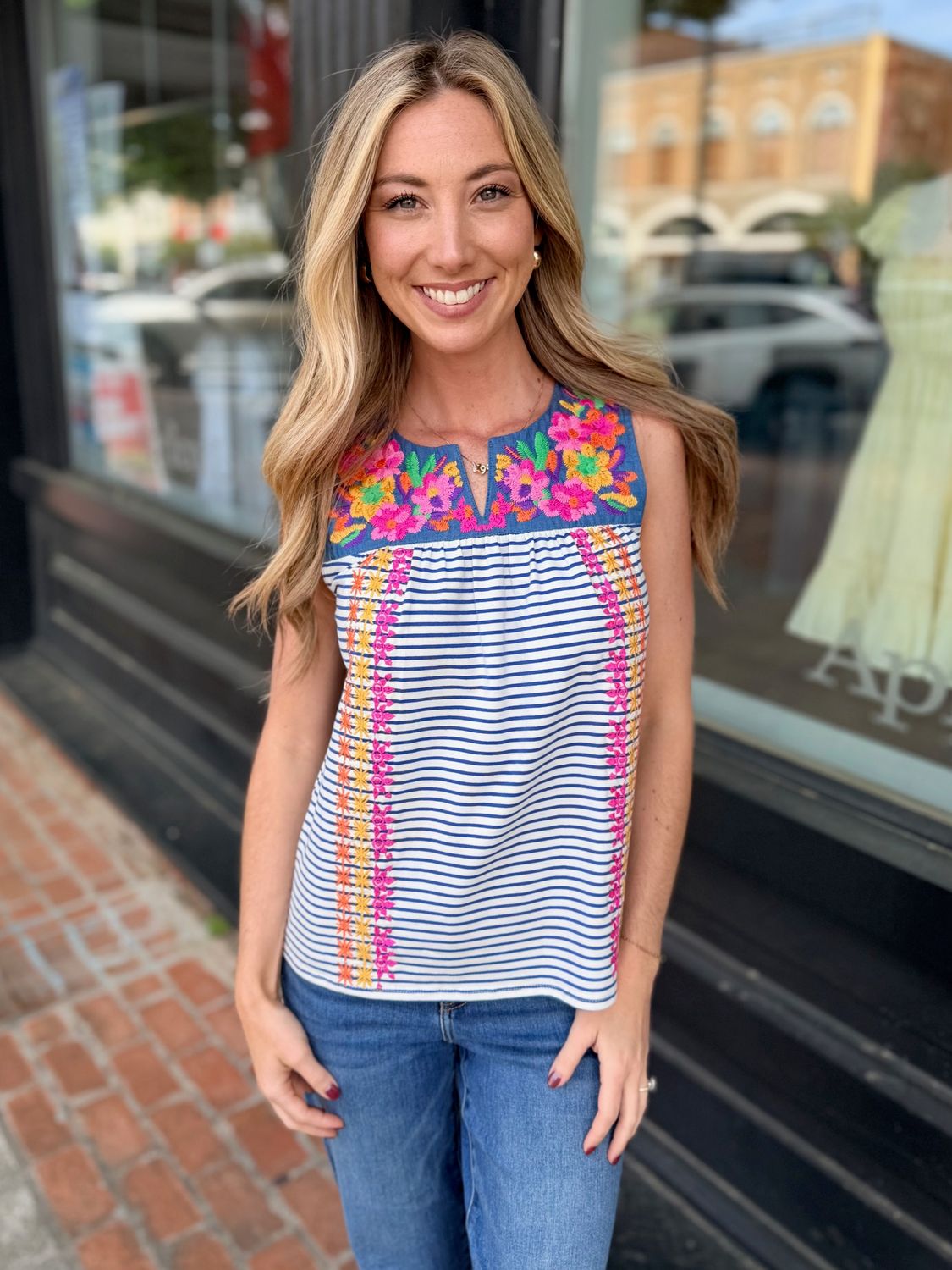 FIESTA STRIPE EMBROIDERED TOP