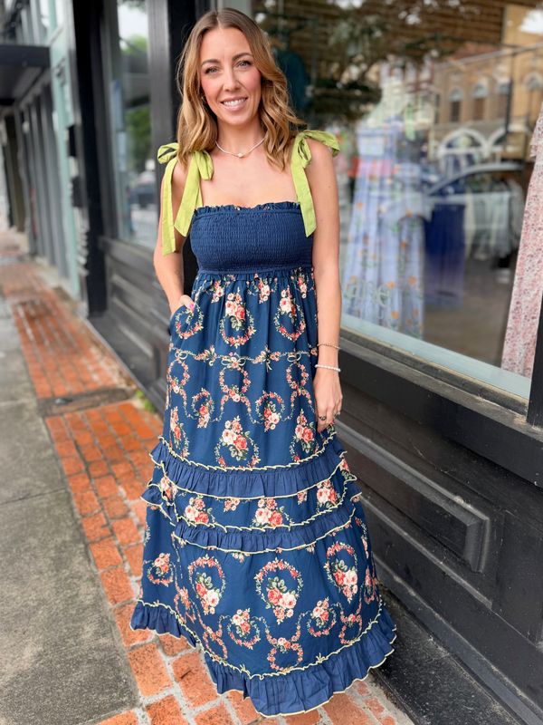 MIDNIGHT GARDEN SMOCKED MAXI DRESS