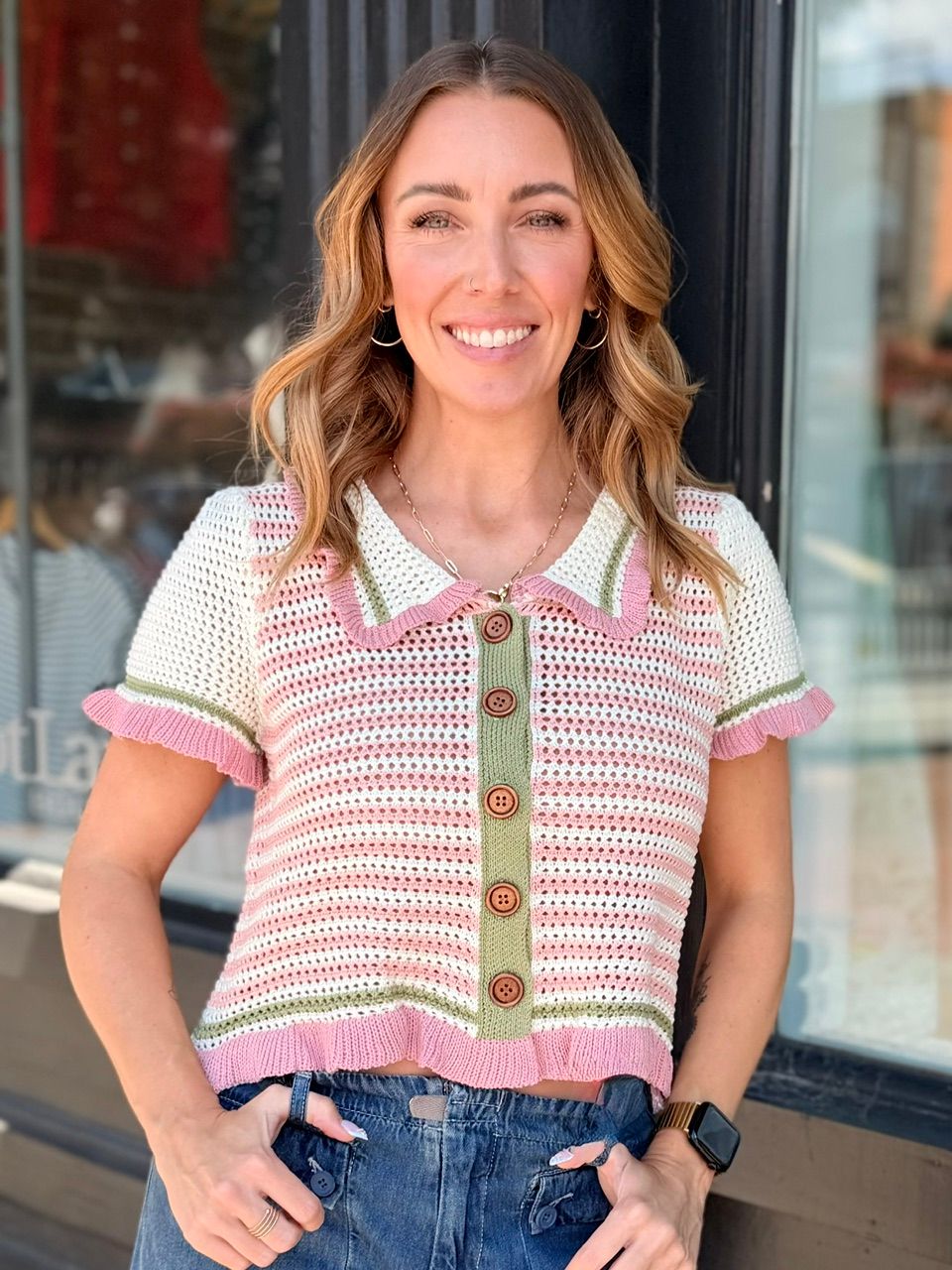 SWEET PEONY KNIT COLLARED TOP