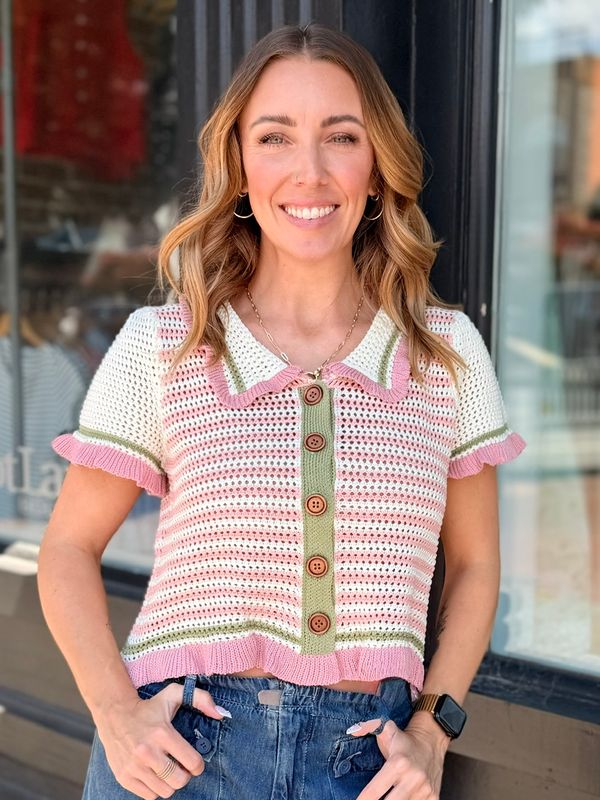 SWEET PEONY KNIT COLLARED TOP