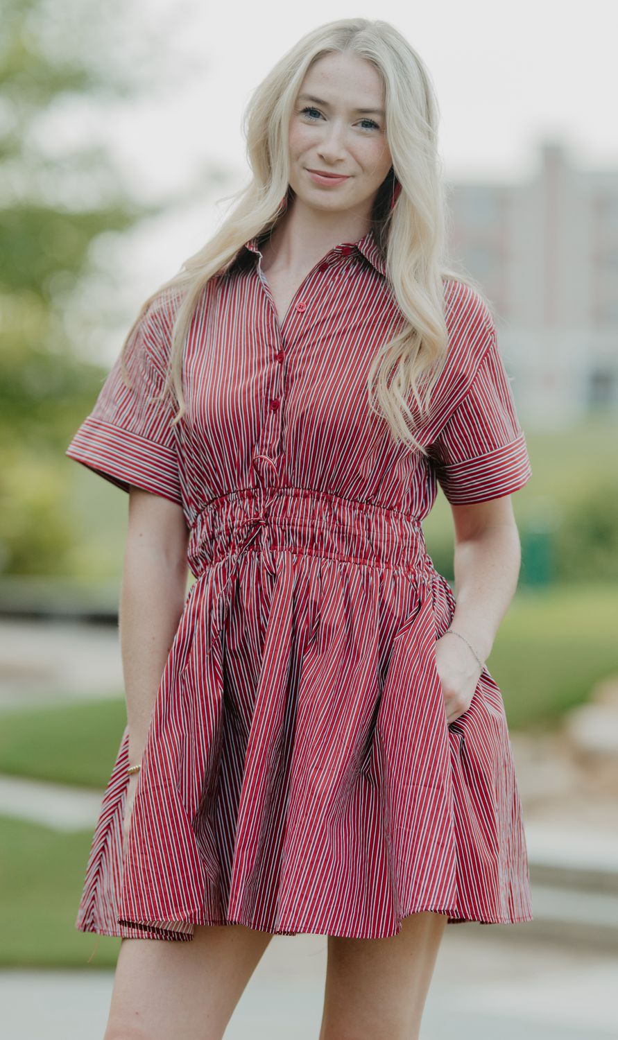 VINTAGE CHARM SMOCKED STRIPE MINI DRESS