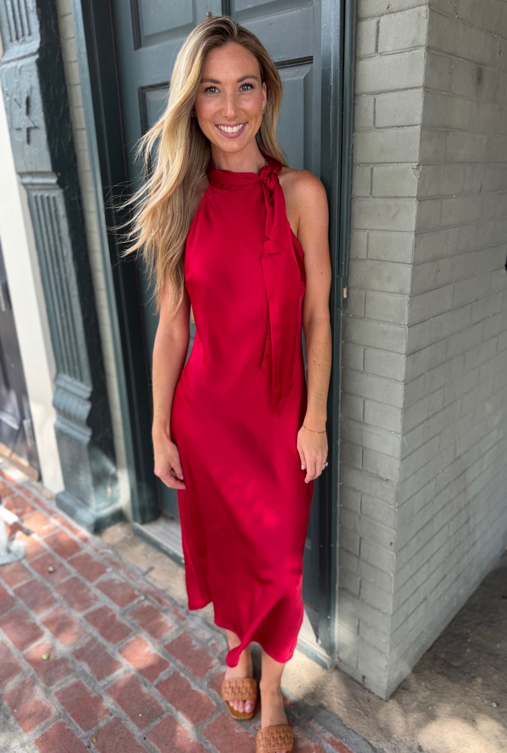 A CRIMSON KISS TIE-NECK MIDI DRESS