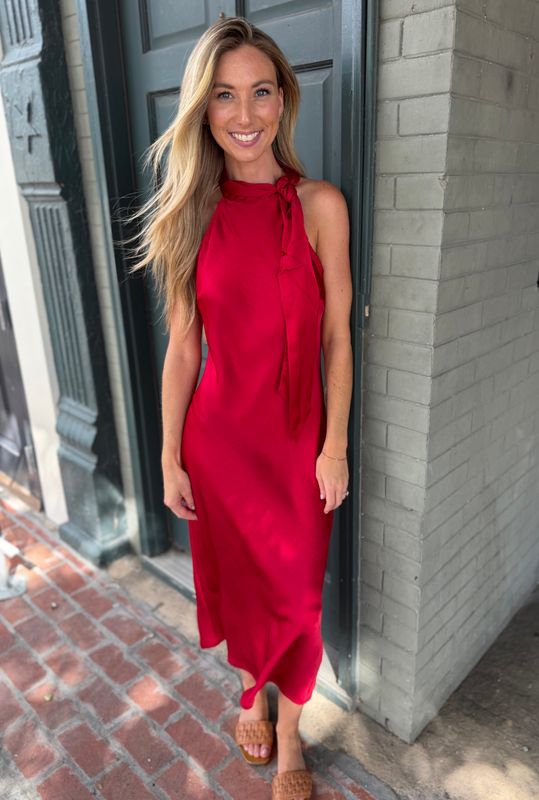 A CRIMSON KISS TIE-NECK MIDI DRESS