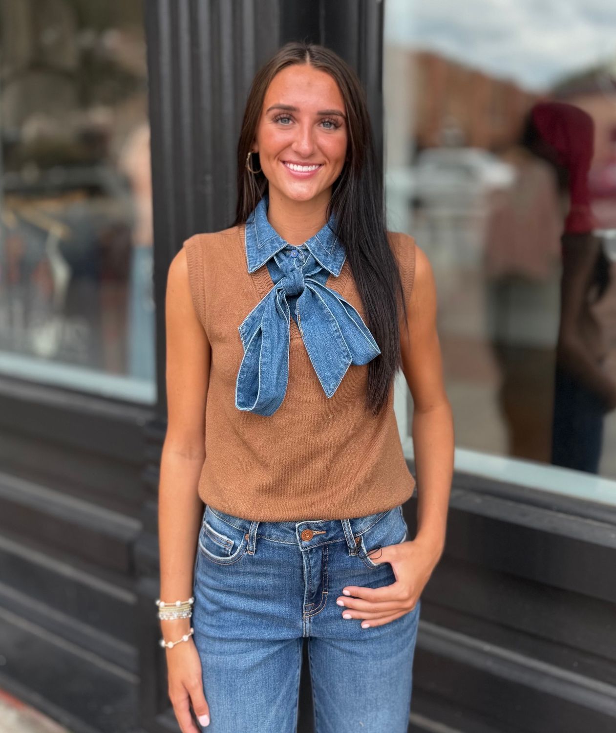 DENIM BOW SWEATER VEST