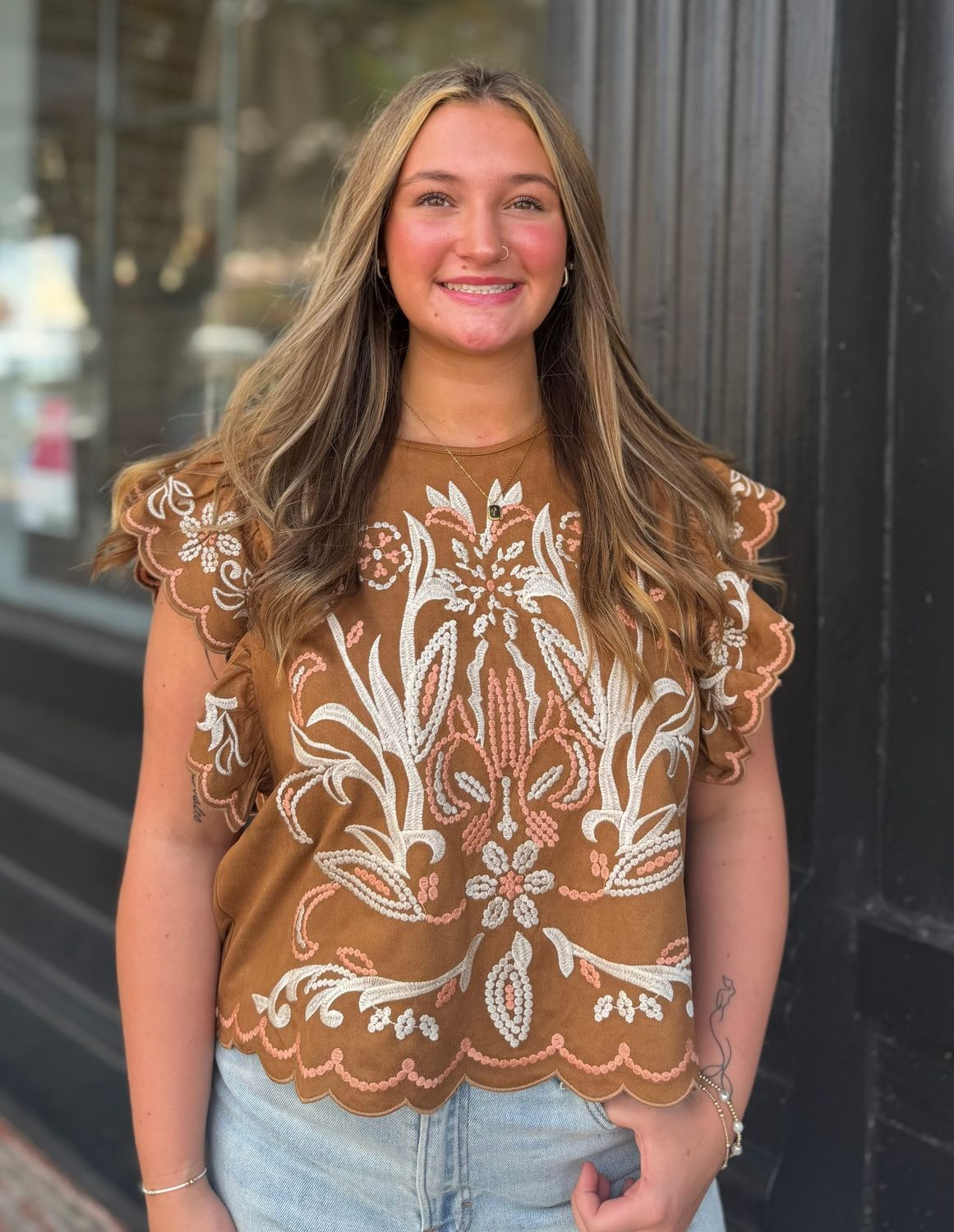 MOCHA GARDEN EMBROIDERED SUEDE TOP