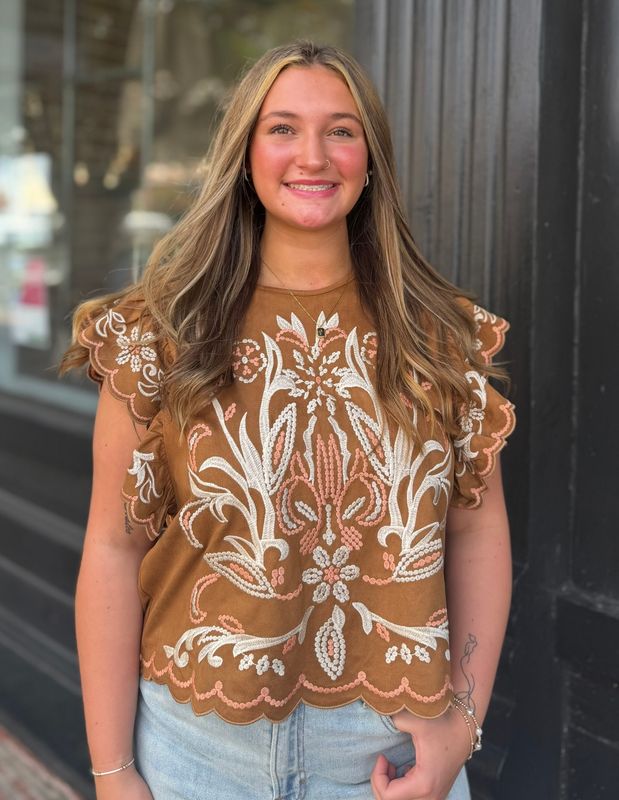 MOCHA GARDEN EMBROIDERED SUEDE TOP