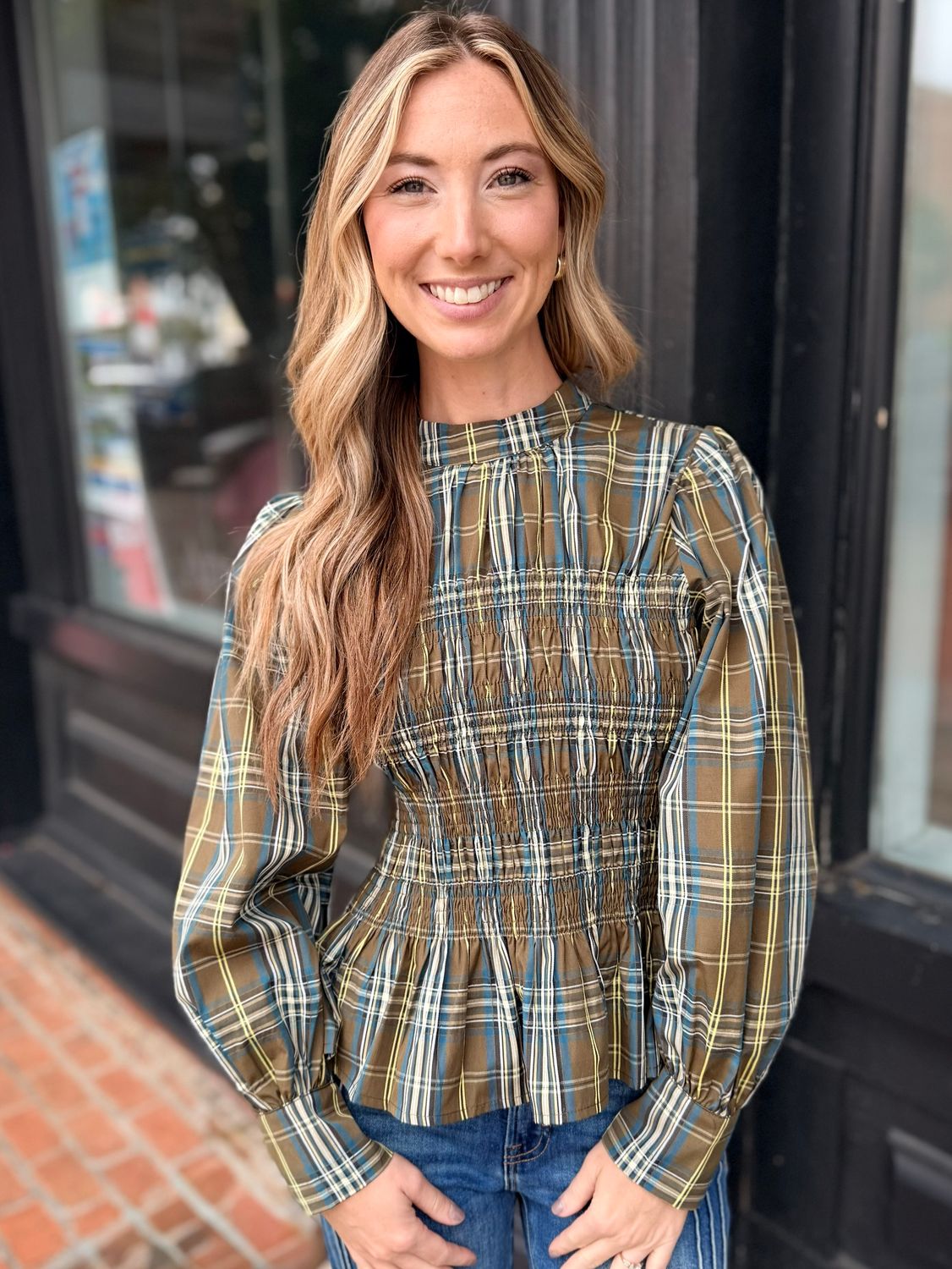 FALL FOLIAGE PEPLUM PLAID TOP L/S